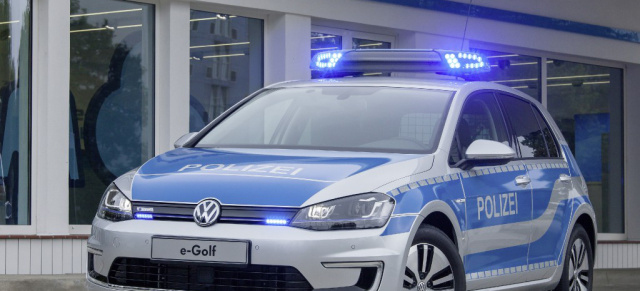 VW e-Golf als Polizeiwagen: Hoffentlich geht ihm bei Verfolgungsjagden der Saft nicht vorzeitig aus.