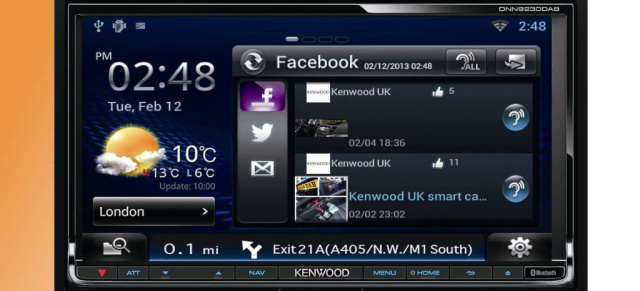 Sensationell: Neuer Netzwerk-Navitainer Kenwood DNN9230DAB mit Internetzugang via Smartphone, WLAN und DLNA: Vorinstallierter Browser mit Zugang zu Facebook, Twitter, Youtube, RSS-Feeds und Musikdienst Aupeo