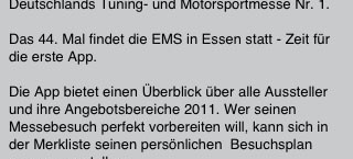 NEU: Essen Motor Show als App: Die App ist erhältlich für Iphone, Ipad und Android.