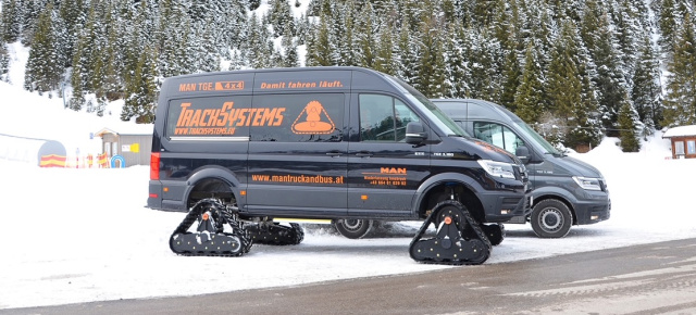 Action im Schnee - MAN TGE 4x4 mit  Kettenantrieb: Wenn der Chef sagt: Kauf mal Schneeketten für den Transporter! Und du damit ankommst