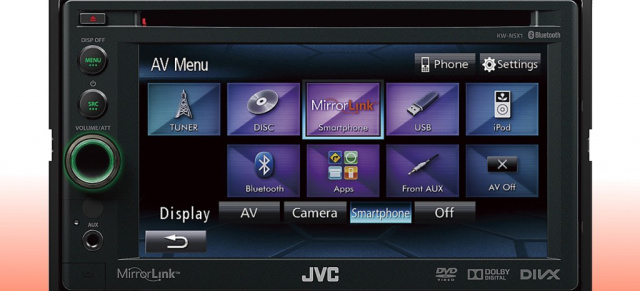 Neuer Doppel-DIN Smartphone/Multimedia-Receiver von JVC mit genialer MirrorLink-Funktion : Der JVC KW-NSX1  Audio/Video-Entertainment plus Bluetooth und Kommunikation mit iPhone, Android- und Symbian-Smartphones via WVGA-Touch-Panel