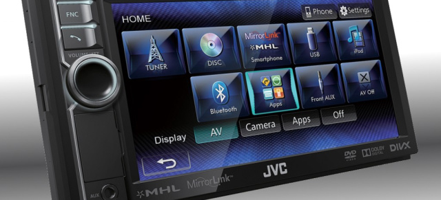 Doppel-DIN Smartphone/AV-Receiver JVC KW-NSX600E mit MirrorLink & MHL-Interface: iPhone-/Android-/Symbian-kompatibel und 15,5 cm-WVGA-Touch-Panel für großes AV-Entertainment und komfortable Bedienung