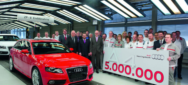 Feierstimmung bei Audi: 5.000.000 Audi A4 produziert: Jubi-Audi ist ein Audi A4 Avant in Misanorot 