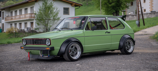 Because brutal Racecar: Manilagrüner 1979er Golf 1 GTI mit (fast) 300 Turbo-PS